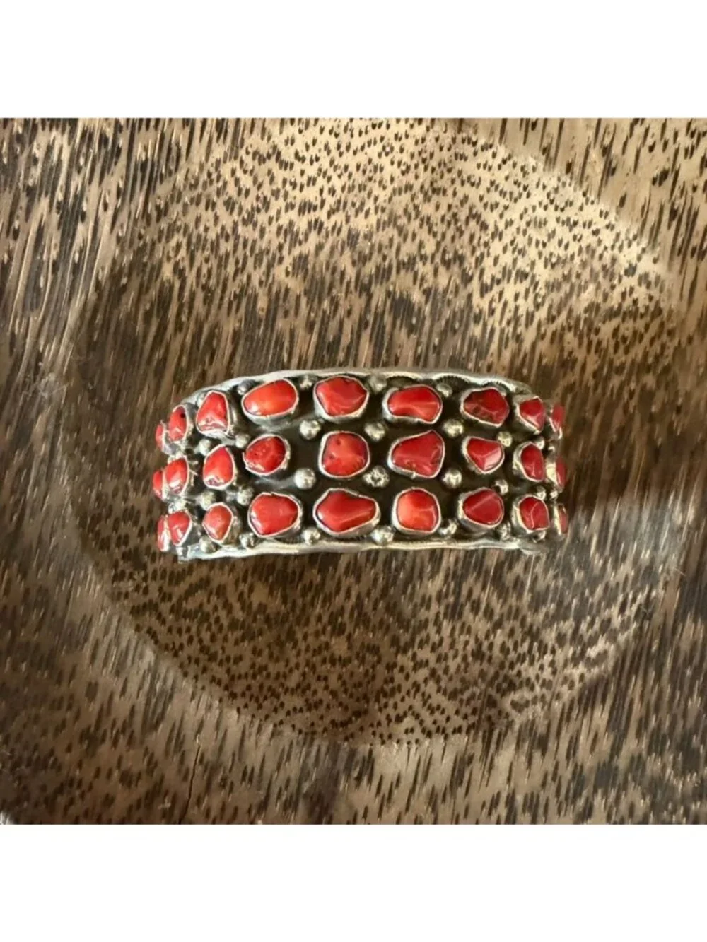 Vintage Navajo Sterling Silver & Coral Cabochon Cluster Cuff Bracelet Signed DM